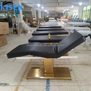 Mobilier de salon de beauté Kisen, tables de massage spa à 3 moteurs, chaise hydraulique pour extensions de cils, lit électrique pour soins du visage noir avec base dorée - Product Image 3