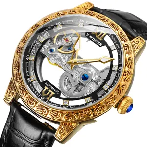 Reloj Winner 8055, nuevos relojes de pulsera mecánicos de esfera grande para hombre, correa de cuero, Esqueleto, Tourbillon, reloj de negocios hueco para hombre