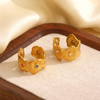 Neuer Modeschmuck 18k Vergoldeter Edelstahl Retro Breiter Bunter Zirkon CZ Blumen Offener Ring für Damen