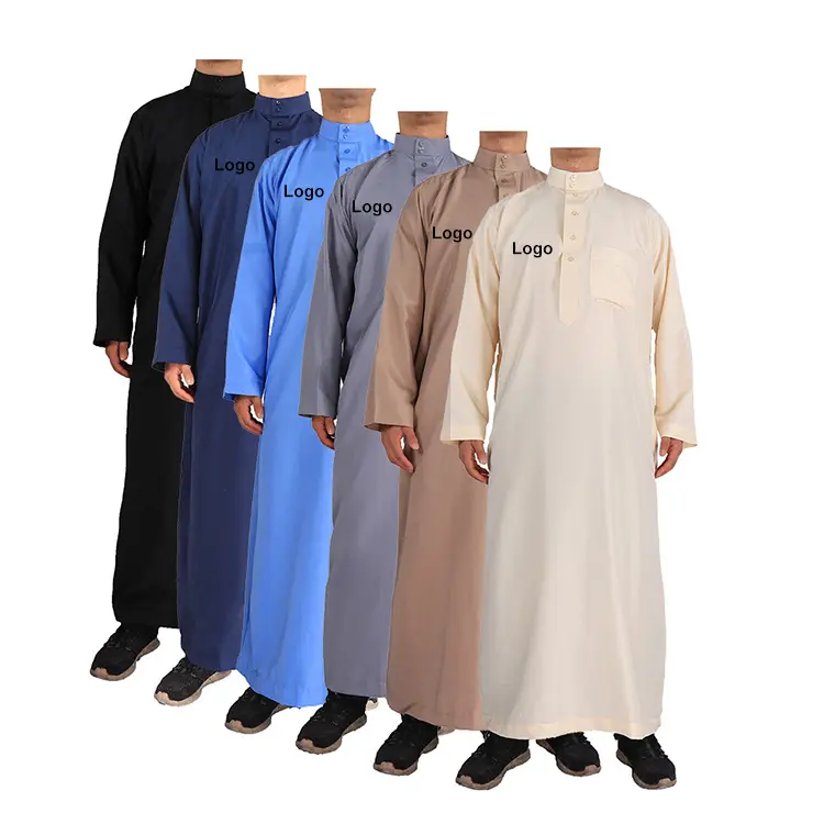 Kustom pakaian Islami Dubai Arab jubah pria Jubba lengan panjang etnik Thobe warna Solid Thobe Muslim pria