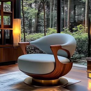 Kursi Santai Kayu Walnut Solid Estetika Modern Desain Kreatif Baru Sofa Kulit Asli untuk Ruang Tamu Rumah - Product Image 2