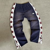 Pantalon de survêtement évasé avec patch brodé effet vieilli, respirant, fermeture à cordon de serrage, délavé soleil, délavé à l'acide, 100% coton épais, taille mi-haute