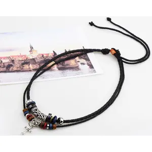 2404 Wholesale Double Layer Religious Catholic Faith Jewelry Cross Men Beaded Leather Cord Braided Necklace