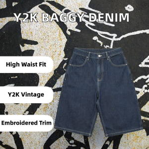 Trendy <b>Y2K</b> Style Vintage High Waist Baggy Denim Shorts for Men Women Medium Wash Embroidered Knee-Length Summer Casual Street - Product Image 2