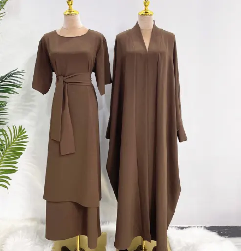 2 unids/set Oriente Medio Turquía Dubai bata vestido de color sólido traje de dos piezas Abaya musulmán islámico vestido gris verde blanco negro