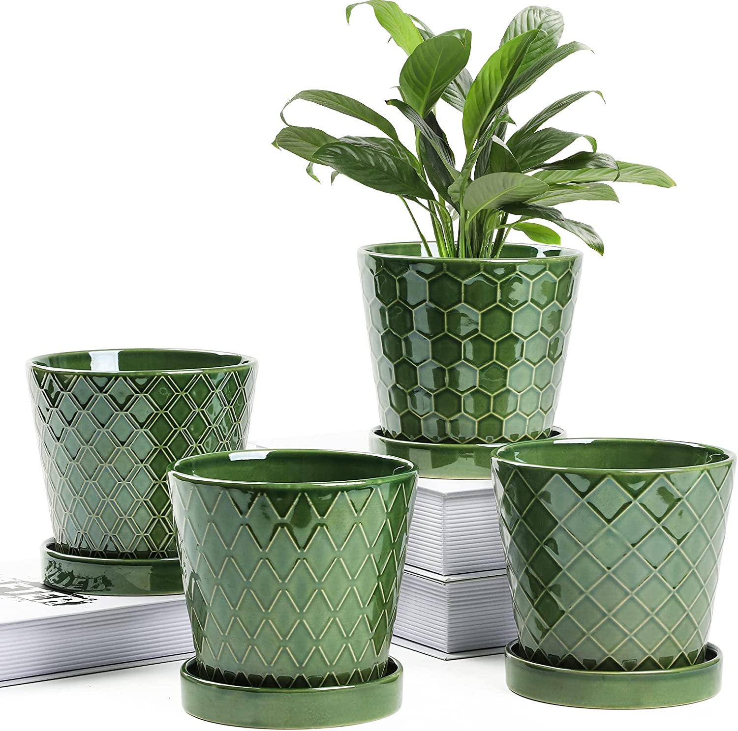 Set Di 4 Vasi In Ceramica Per Piante Da Interno - 25,4, 20,5, 20,5, 15,2 Cm - Con Fori E Sottovasi
