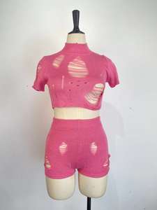 Set di pantaloni corti da donna lavorati a maglia di moda 2 pezzi Set di pantaloni da donna Set estivo aderente a vita alta 2 pezzi - Product Image 3