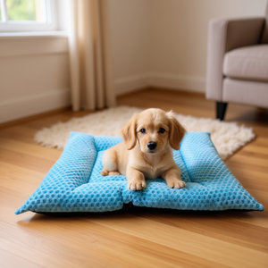 Set di Quattro Pezzi per Cuccia per Cani in Velluto Cristallizzato Goffrato Blu Cielo con Design a Cuore - Product Image 3