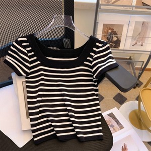 Camiseta de Manga Corta a Rayas Tejida a Mano Estilo Vintage <span class=keywords><strong>para</strong></span> Mujer, <span class=keywords><strong>Verano</strong></span> 2026, Nueva, Popular, de Alta Gama - Product Image 3