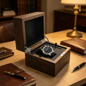Boîte de rangement et présentoir de luxe pour montres haut de gamme en placage de noyer, fabriquée à partir de matériaux recyclés - Product Image 6