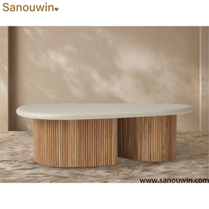 Mesa de Centro para Exteriores Estilo <span class=keywords><strong>Alesso</strong></span>, Ovalada, con Tapa de Piedra Blanca, Base Acanalada de Madera de Teca Sólida, Mesa Moderna para Patio y Jardín - Product Image 3