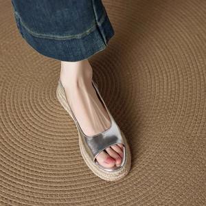 Women's Summer Outdoor One-Strap Sandals Straw Woven Round Peep Toe Platform Thick Sole Elevated 2025 New Style for <b>Dresses</b> - Product Image 3