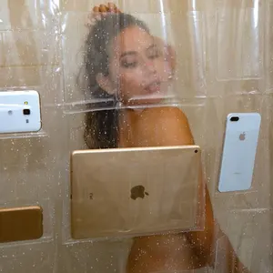 Cortina de ducha de baño para teléfono y tableta, diseño personalizado, transparente, EVA, resistente al moho, impermeable, bolsillo, soporte para teléfono y tableta