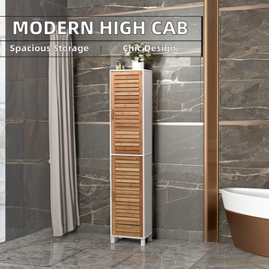 ארון רחצה מודרני גבוה מעץ בגודל דק עם מדפים ו-2 דלתות - Product Image 3