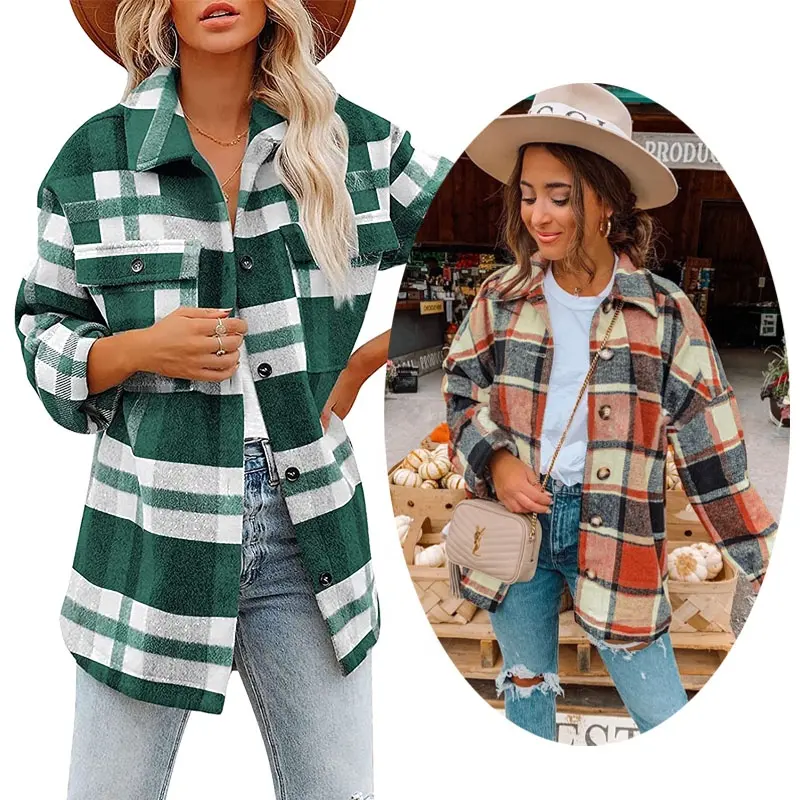 Womens Plaid Shirt Vintage Fall Flannel Jacket Fleece Double Pocket Blouses Wool Shacket Ladies Tops Long Sleeve Shirt