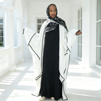 Abaya ouverte en lin noir à manches chauve-souris avec passepoil, robe musulmane premium pour femme, respirante, fabrication soignée, Ramadan, Iftar, réunion familiale, OEM