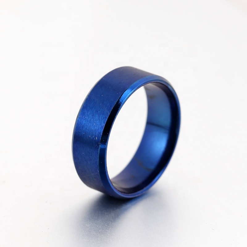 Anneau Acier Inoxydable Homme 8MM Rayé Bleu Noir/Argent - Gravure Gratuite - Cadeau Papa