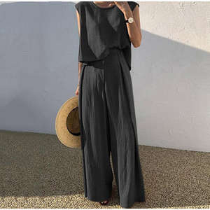 OEM Custom Korean Style New Products Cotton <strong>Hemp</strong> Linen <strong>Clothing</strong> for Women Set Two-piece Sleeveless Top Loose Wide Leg Pants - Product Image 3