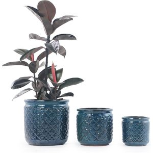 Pot de fleurs en céramique bleu marine cylindrique de 9, 12 et 15 pouces avec trou de drainage pour usage intérieur - Product Image 1