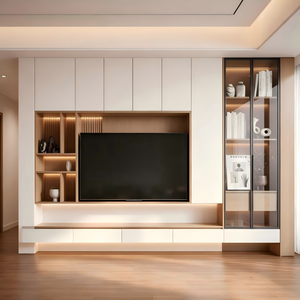 Mobile <span class=keywords><strong>TV</strong></span> Moderno Integrato di Lusso in Legno, Parete Attrezzata per Soggiorno, Mobile <span class=keywords><strong>TV</strong></span> Sospeso con Libreria Aperta - Product Image 1