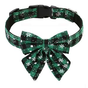 Christmas Dog Collar With <b>Bow</b> Tie Red Green Plaid Snowflake Pattern Small Medium Dogs Pet Accessory - Product Image 2