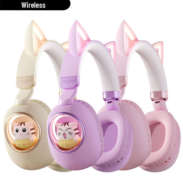 Wireless Girls Kids Over-Ear Foldable RGB Lighting Cat Gaming Headset with Active Noise Cancellation (ANC) IPX-7