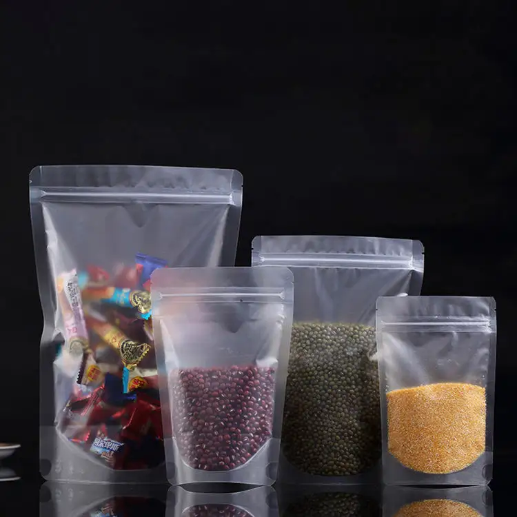 Wholesale Transparent Frosted Closure Standing Up Bag Food Grade Plastic Packaging Ziplock Bags