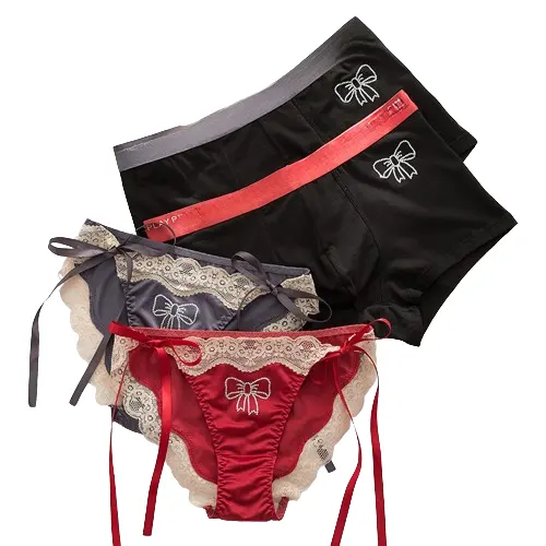 Novo Casal Roupa Interior com Diamante Bow Decor Boxer de cintura baixa dos homens e Amantes Tanga Bonito das Mulheres Roupa Interior Tanga Sexy Calcinhas