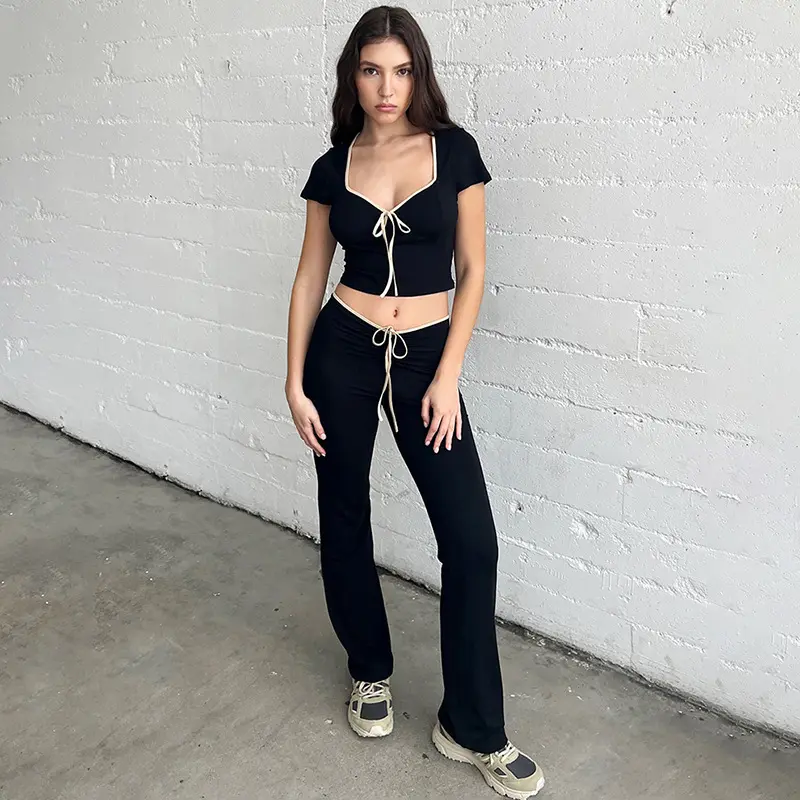 Sexy Outfits Design Set Tube Halter Crop Tops For Women Sexy Suit Two Piece Flare Pants Set Women