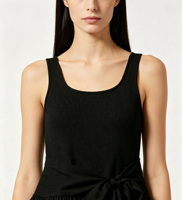 Robe courte pour femme, col en U, sans manches, en maille côtelée, style débardeur, avec taille nouée et jupe évasée froncée