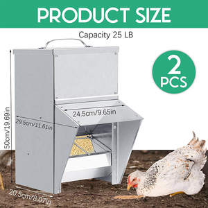 Mangeoire à poulet JH-Mech 11,5-50 lb, résistante aux intempéries, avec couvercle, anti-rats, en acier galvanisé argenté. - Product Image 2