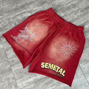 Shorts de jogging en molleton non brossé à bords bruts personnalisés pour l'été, shorts vintage en coton délavé à l'acide, shorts de sport streetwear de créateur avec strass - Product Image 3