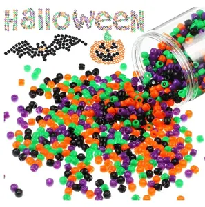 ハロウィーンの装飾のためのオレンジグリーンパープルとブラックの丸いプラスチックアクリルビーズのハロウィーンプラスチックポニービーズ