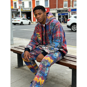 Digital Printing <b>Graffiti</b> OEM Custom Pattern Oversize Vintage Distressed Streetwear 2-piece 400 GSM Heavyweight Men's Hoodie Set - Product Image 2