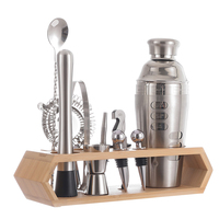Ensemble de bar multifonctionnel en acier inoxydable avec support en bois, shaker à martini, outils de bar, ensemble de shaker à cocktails pour cadeau, directement de l'usine