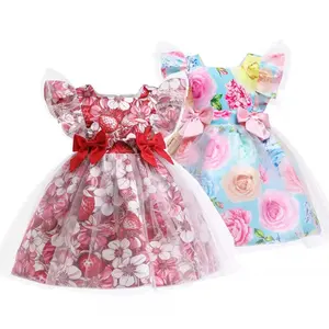 Yaz bebek kıyafeti düğün giyim baskılı parti frakı küçük kraliçe çocuklar için balo prenses dantel çiçek kız çocuk elbiseleri