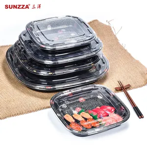 Sunzza الجملة مربع اليابانية حاويات طعام بلاستيكية للاستخدام لمرة واحدة حزب الحاويات الوجبات الجاهزة السوشي الصواني مع غطاء