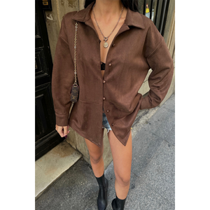 Blusa de Gamuza Marrón para Mujer, Camisa de Gamuza Elegante y con Estilo - Product Image 6