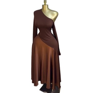 Bestseller e Abbigliamento Donna Transfrontaliero 2025: Nuovo Vestito Estivo Sexy con Spalla Obliqua, Maniche Lunghe Marroni e Patchwork - Product Image 5