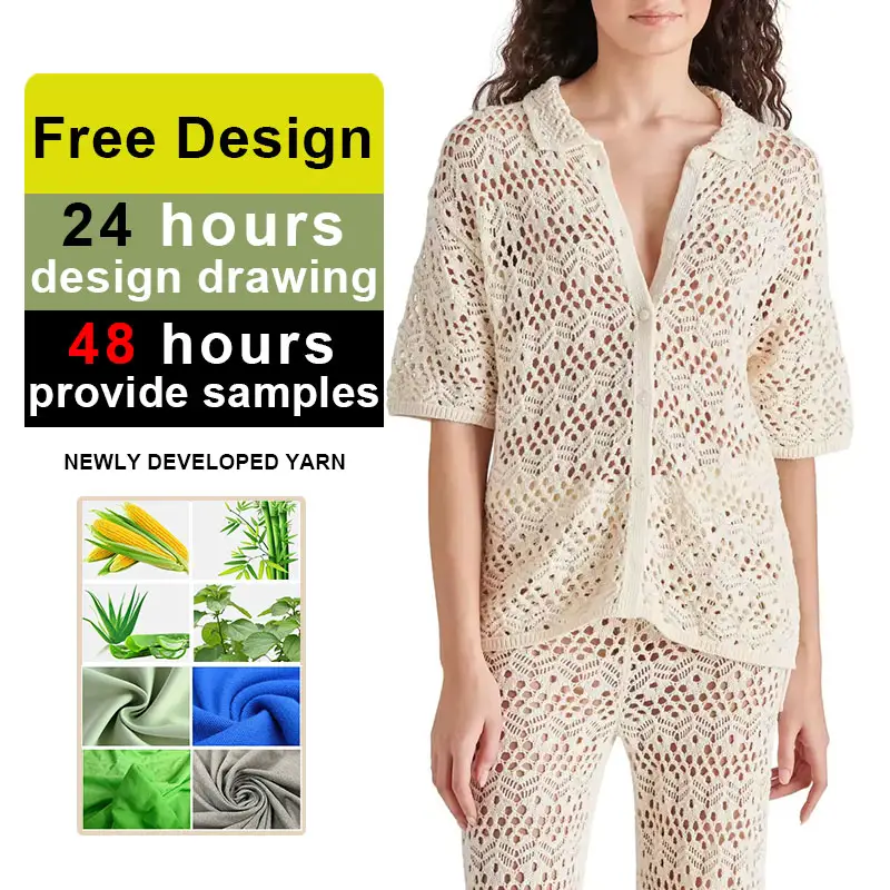 Cardigã de crochê feminino transparente de manga curta, camisa polo de verão personalizada de grife