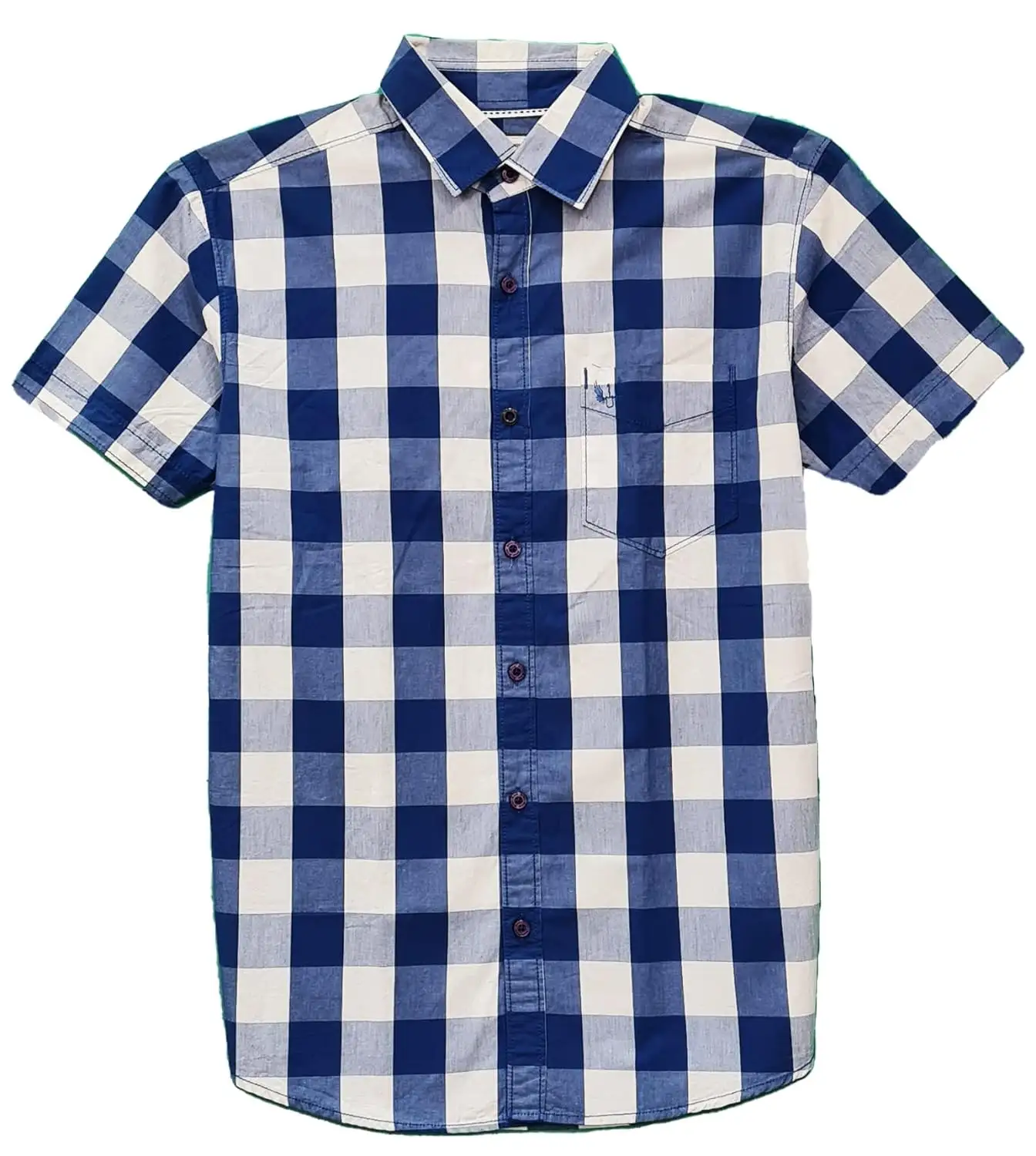 Mens Camisas de Manga Curta 100% Algodão Checkered Impressão Camisa Verão para Homens em Azul Branco Combinação Mens Check Camisa Casual