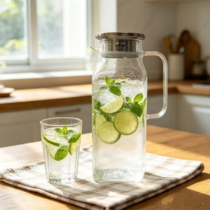 Grande carafe en verre résistant à <span class=keywords><strong>la</strong></span> chaleur avec poignée et couvercle, idéale pour le thé glacé, le café et les boissons froides ou chaudes, à conserver dans le réfrigérateur. - Product Image 5