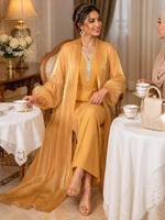 Ensemble Abaya Deux Pièces en Polyester de Luxe avec Perles et Strass, Manches Lanterne, Tenue Modeste pour Dîner de l'Aïd et Soirée de Gala