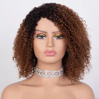 Perruques en cheveux humains Remy bouclés afro avec frange mèches marron/blondes, perruque brésilienne 4A coupe bob pour femmes (couleurs plus foncées)