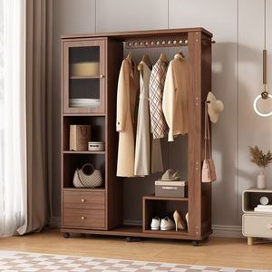 Perchero de madera maciza con espejo de cuerpo entero, estante multifuncional con cajón y espacio para colgar, ideal para dormitorio. - Product Image 1