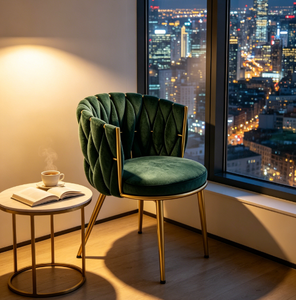Chaise de salle à manger moderne de luxe nordique en velours tissé avec pieds en métal doré, dossier et rembourrage doux pour la maison, le restaurant, le café, la chambre et le salon - Product Image 3