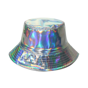 Luxury Fashion <strong>Purple</strong> Fisherman Cap Shining Color Gold Silver Female Man Trend Stage Performance Party PU Leather Bucket <strong>Hat</strong> - Product Image 2