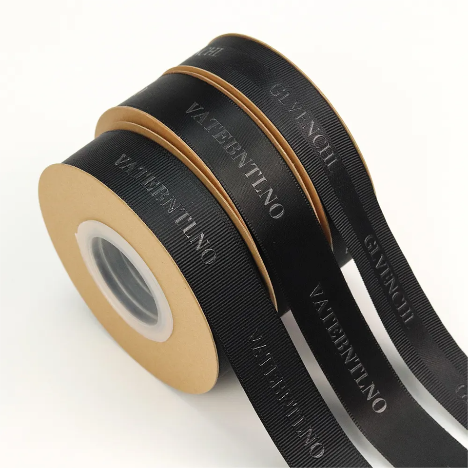 Offset Ribbons Wholesale Luxury Black Grosgrain Edge Satin Ribbon with Black Logo ...