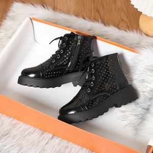 Botines Cortos de Charol Negro para Mujer, Cómodos, con Cierre de Cordones y Cremallera, Forro de Piel y Suela Gruesa para Primavera y Otoño - Product Image 3