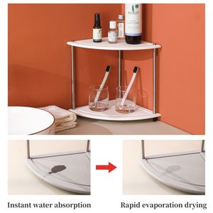 Support de rangement <span class=keywords><strong>d</strong></span>'<span class=keywords><strong>angle</strong></span> pour évier à séchage instantané en diatomite absorbante unique, organisateur de comptoir de salle de bain à 2 niveaux - Product Image 2